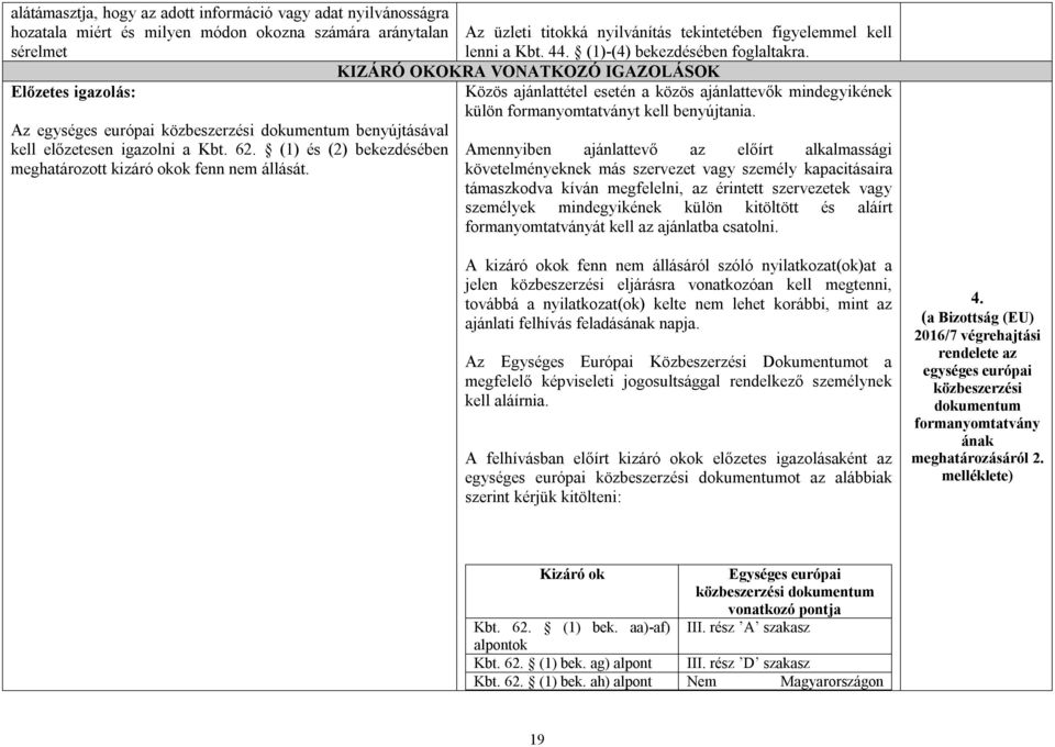 (1)-(4) bekezdésében foglaltakra. KIZÁRÓ OKOKRA VONATKOZÓ IGAZOLÁSOK Közös ajánlattétel esetén a közös ajánlattevők mindegyikének külön formanyomtatványt kell benyújtania.