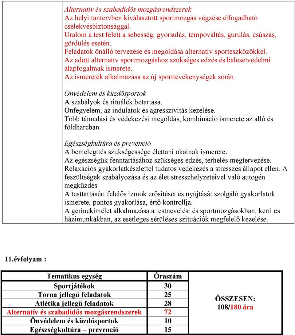 Az adott alternatív sportmozgáshoz szükséges edzés és balesetvédelmi alapfogalmak ismerete. Az ismeretek alkalmazása az új sporttevékenységek során.