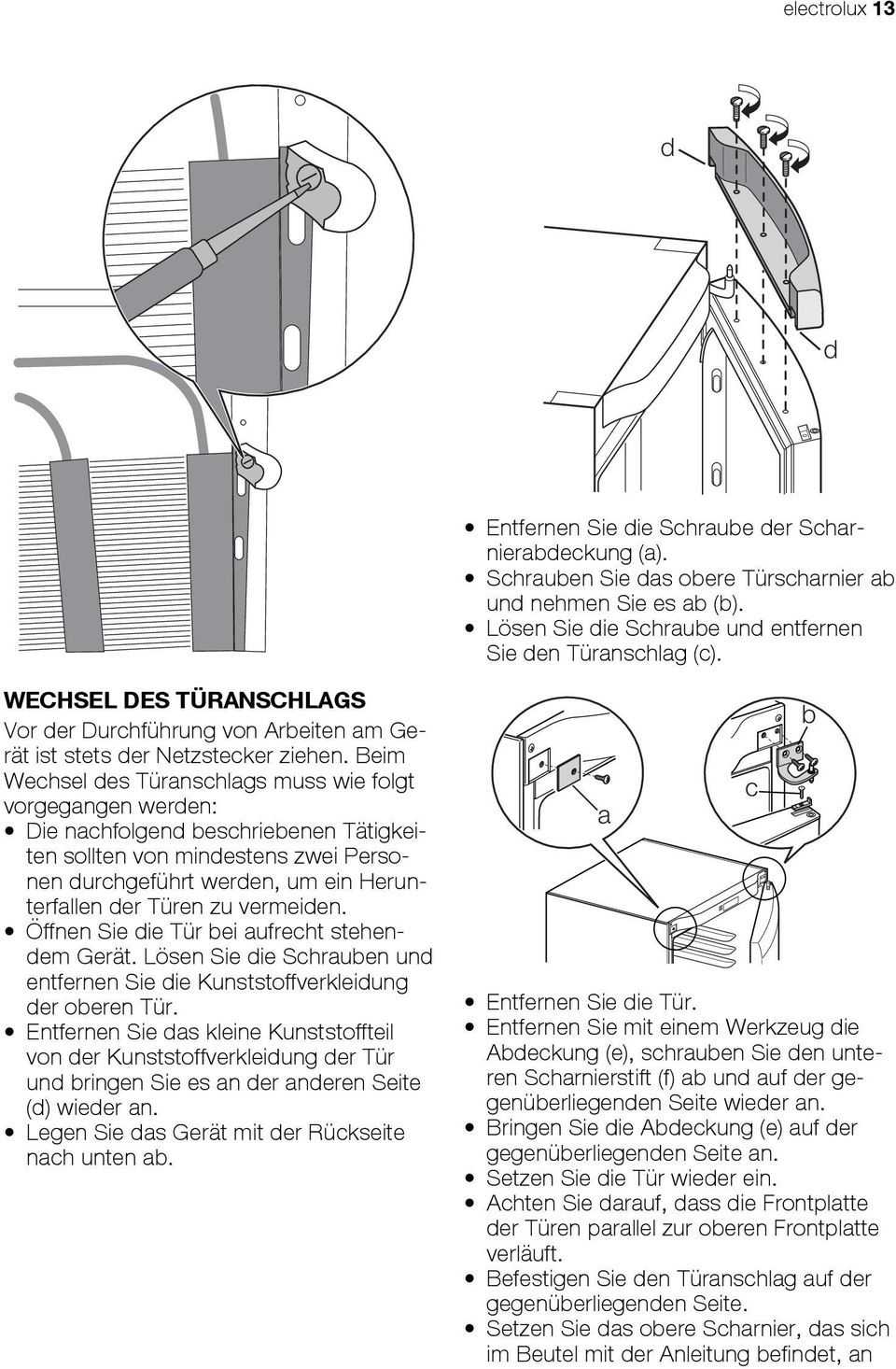 Beim Wechsel des Türanschlags muss wie folgt vorgegangen werden: Die nachfolgend beschriebenen Tätigkeiten sollten von mindestens zwei Personen durchgeführt werden, um ein Herunterfallen der Türen zu