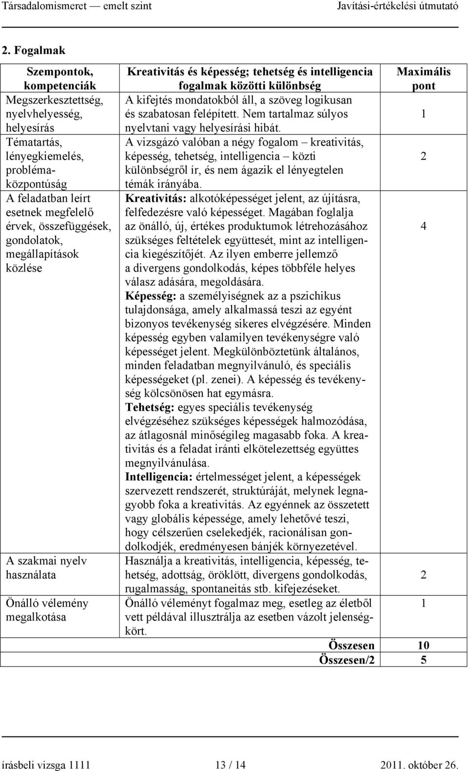 A vizsgázó valóban a négy fogalom kreativitás, képesség, tehetség, intelligencia közti különbségről ír, és nem ágazik el lényegtelen témák irányába.