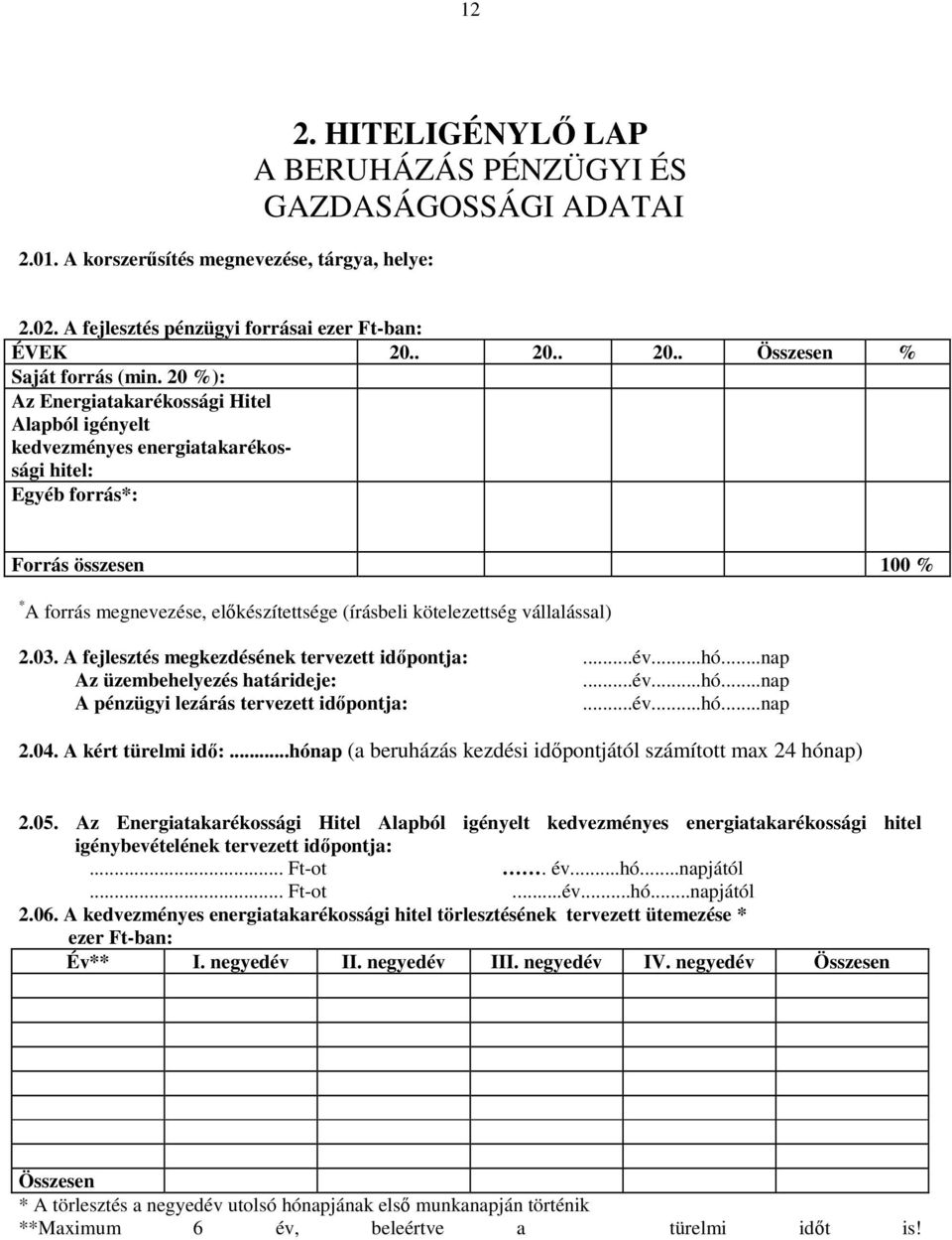 20 %): Az Energiatakarékossági Hitel Alapból igényelt kedvezményes energiatakarékossági hitel: Egyéb forrás*: Forrás összesen 100 % * A forrás megnevezése, előkészítettsége (írásbeli kötelezettség