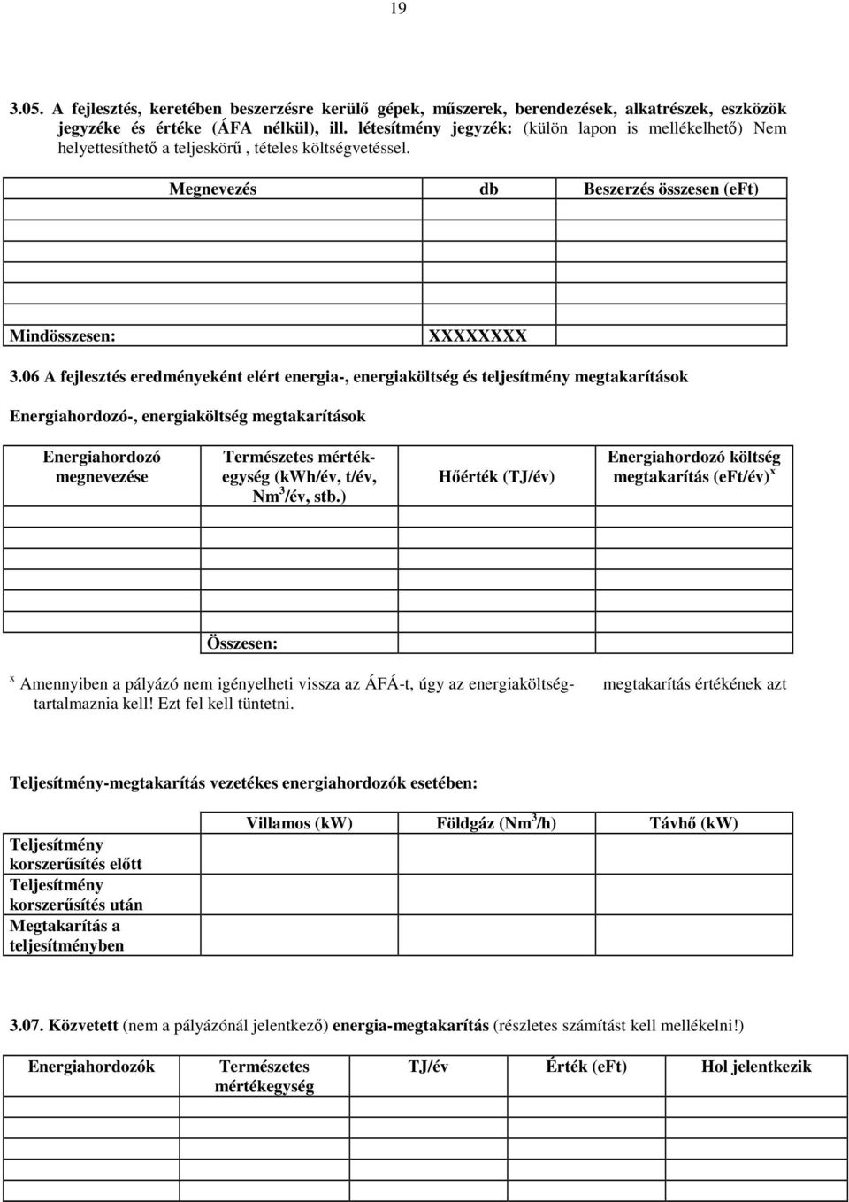 06 A fejlesztés eredményeként elért energia-, energiaköltség és teljesítmény megtakarítások Energiahordozó-, energiaköltség megtakarítások Energiahordozó megnevezése Természetes mértékegység (kwh/év,