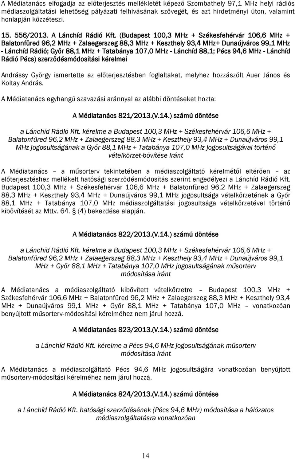 (Budapest 100,3 MHz + Székesfehérvár 106,6 MHz + Balatonfüred 96,2 MHz + Zalaegerszeg 88,3 MHz + Keszthely 93,4 MHz+ Dunaújváros 99,1 MHz - Lánchíd Rádió; Győr 88,1 MHz + Tatabánya 107,0 MHz -