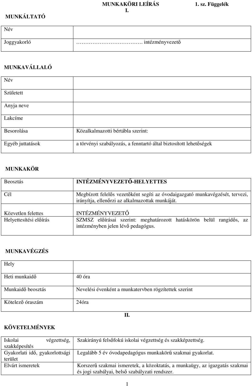 Beosztás Cél Közvetlen felettes Helyettesítési előírás INTÉZMÉNYVEZETŐ-HELYETTES Megbízott felelős vezetőként segíti az óvodaigazgató munkavégzését, tervezi, irányítja, ellenőrzi az alkalmazottak