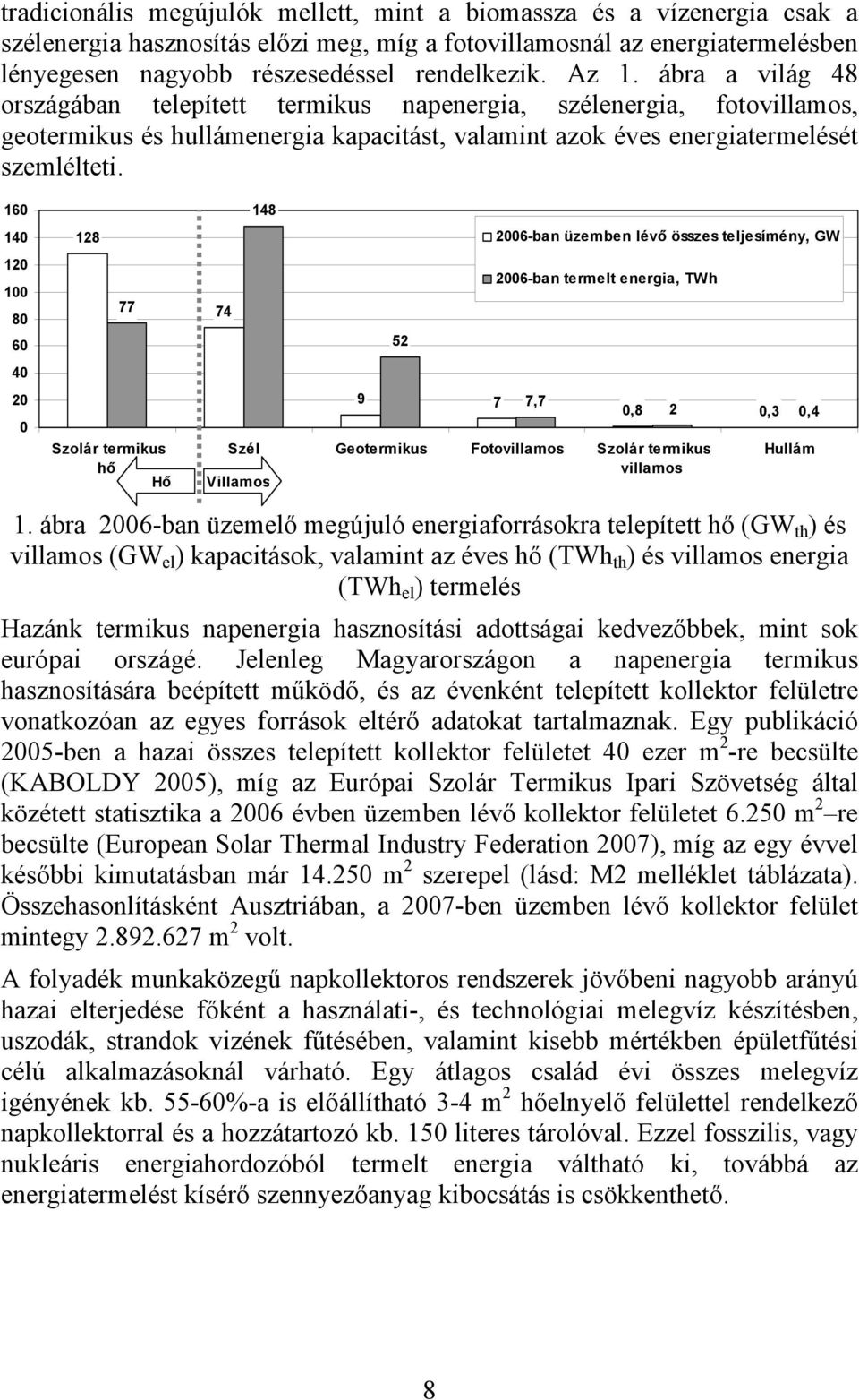 160 140 120 100 80 60 40 20 0 128 77 Szolár ermiku hő Hő 148 2006-ban üzemben lévő öze eljeímény, GW 2006-ban ermel energia, Wh 74 52 9 7 7,7 0,8 2 0,3 0,4 Szél Geoermiku Foovillamo Szolár ermiku