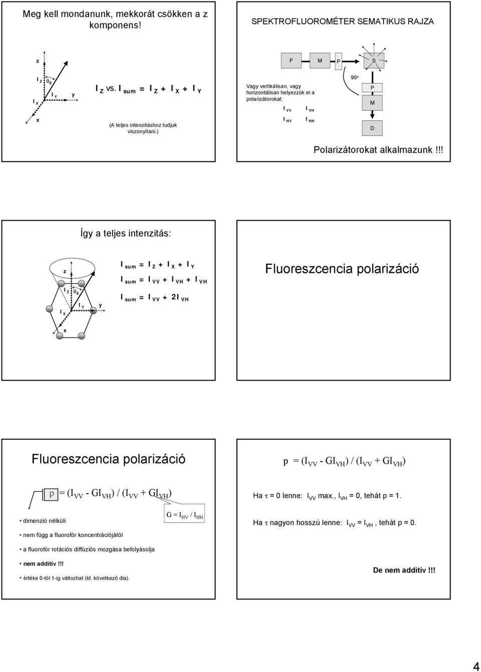 !! Íg a teljes intenitás: I sum = I Z + + I Y I sum = I VV + I VH + I VH Fluorescencia polariáció I Z θ E I Y I sum = I VV + I VH Fluorescencia polariáció p = (I VV -GI VH ) / (I VV + GI VH ) p = (I