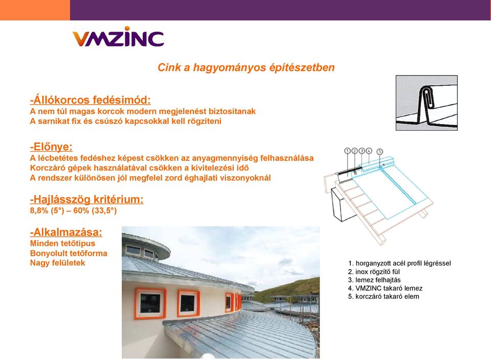 idő A rendszer különösen jól megfelel zord éghajlati viszonyoknál -Hajlásszög kritérium: 8,8% (5 ) 60% (33,5 ) -Alkalmazása: Minden tetőtípus