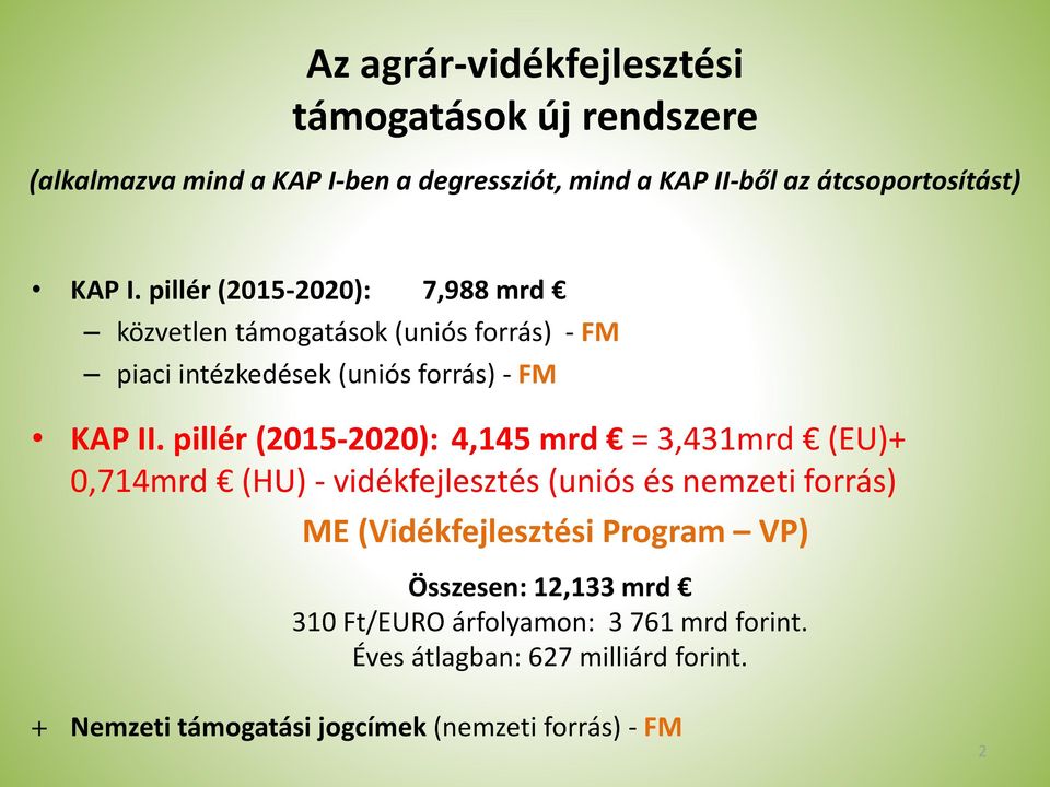 pillér (2015-2020): 4,145 mrd = 3,431mrd (EU)+ 0,714mrd (HU) - vidékfejlesztés (uniós és nemzeti forrás) ME (Vidékfejlesztési Program VP)