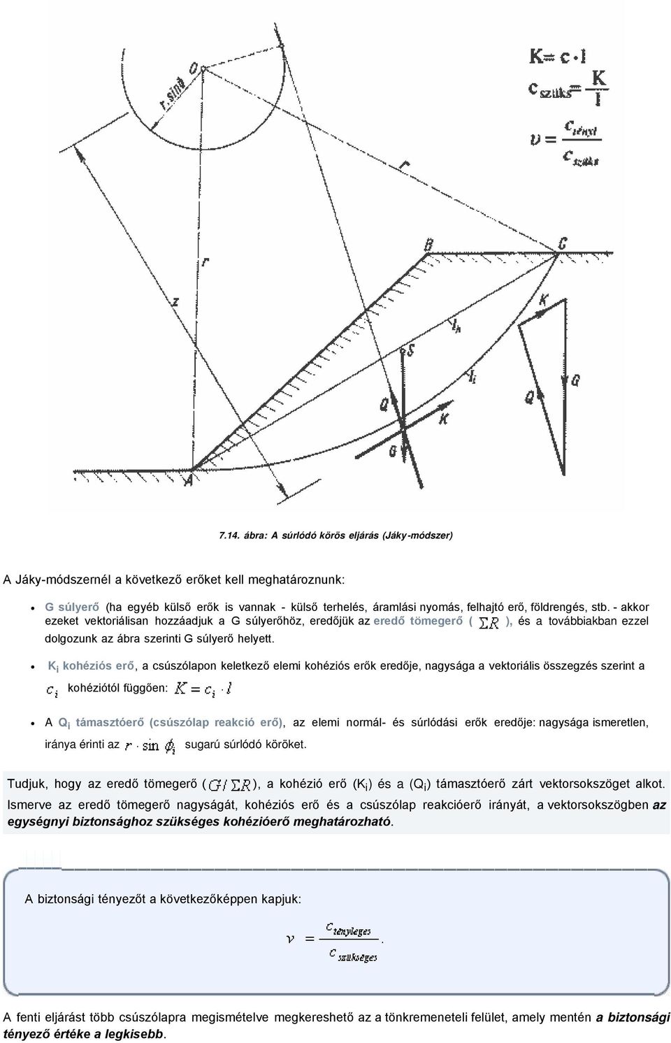 K i kohéziós erő, a csúszólapon keletkező elemi kohéziós erők eredője, nagysága a vektoriális összegzés szerint a kohéziótól függően: A Q i támasztóerő (csúszólap reakció erő), az elemi normál- és
