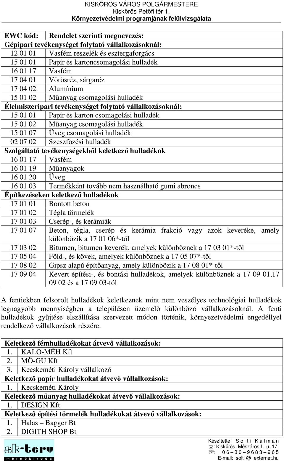 csomagolási hulladék 15 01 07 Üveg csomagolási hulladék 02 07 02 Szeszfőzési hulladék Szolgáltató tevékenységekből keletkező hulladékok 16 01 17 Vasfém 16 01 19 Műanyagok 16 01 20 Üveg 16 01 03