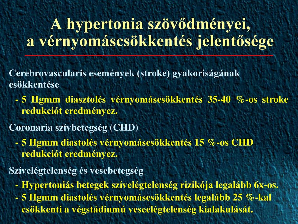 Coronaria szívbetegség (CHD) - 5 Hgmm diastolés vérnyomáscsökkentés 15 %-os CHD redukciót eredményez.