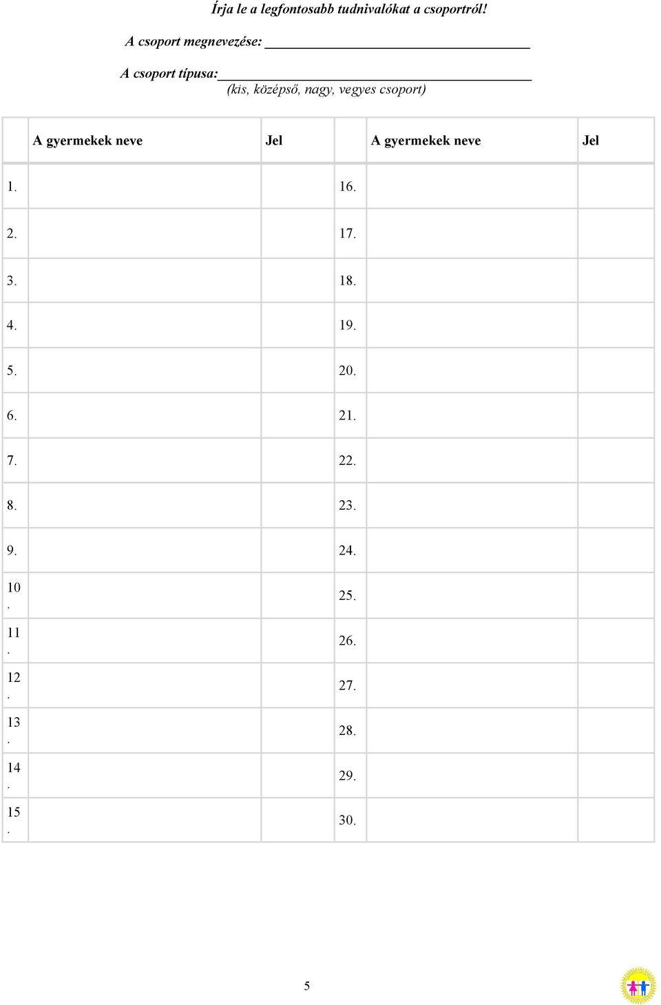 csoport) A gyermekek neve Jel A gyermekek neve Jel 1. 16. 2. 17. 3. 18.