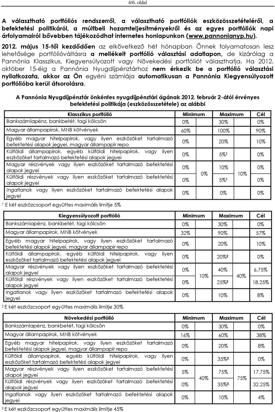 május 15-től kezdődően az elkövetkező hét hónapban Önnek folyamatosan lesz lehetősége portfólióváltásra a mellékelt portfólió választási adatlapon, de kizárólag a Pannónia Klasszikus,