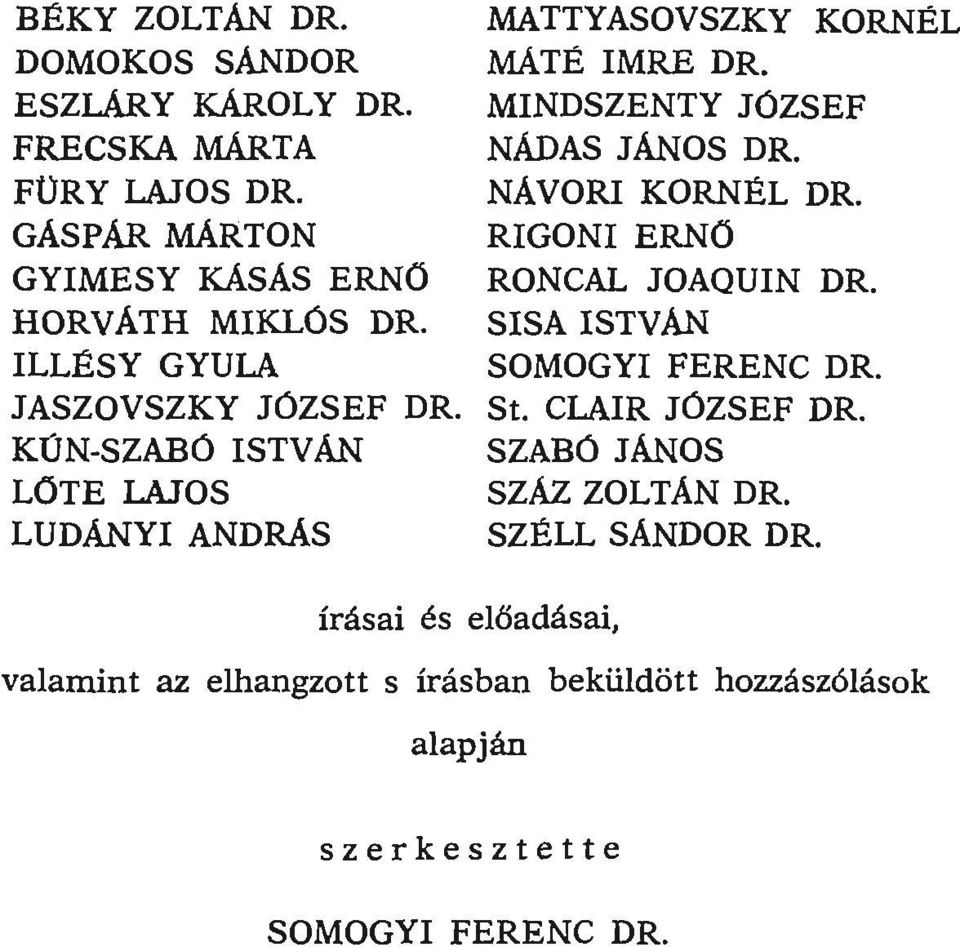 MINDSZENTY JOZSEF NÁDAS JANOS DR. NA VORI KORNÉL DR. RIGONI ERNÖ RONCAL JOAQUIN DR. SISA ISTVAN SOMOGYI FERENC DR. St. CLAIR JÚZSEF DR.