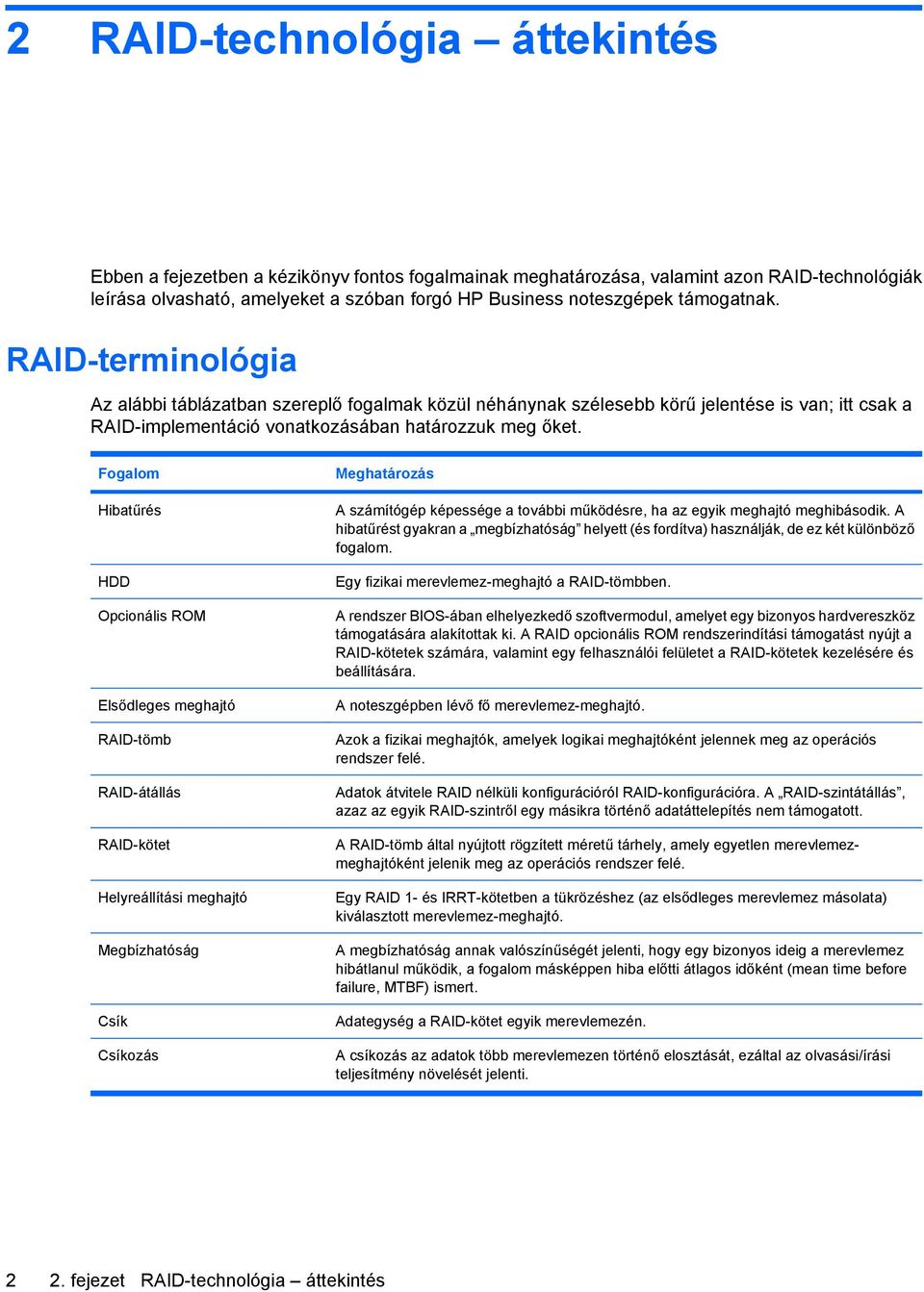 Fogalom Hibatűrés HDD Opcionális ROM Elsődleges meghajtó RAID-tömb RAID-átállás RAID-kötet Helyreállítási meghajtó Megbízhatóság Csík Csíkozás Meghatározás A számítógép képessége a további működésre,