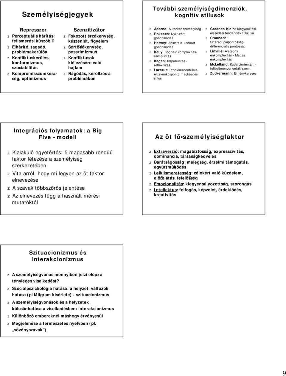 a problémákon z Adorno: Autoriter személyiség z Rokeach: Nyílt-zárt gondolkodás z Harvey: Absztrakt-konkrét gondolkodás z Kelly: Kognitív komplexitásszimplicitás z Kagan: Impulzivitás - reflexivitás