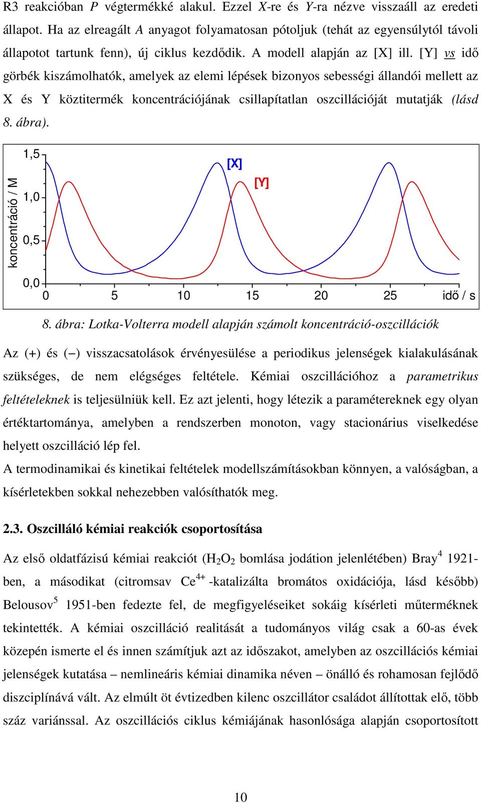 [Y] vs idő görbék kiszámolhatók, amelyek az elemi lépések bizonyos sebességi állandói mellett az X és Y köztitermék koncentrációjának csillapítatlan oszcillációját mutatják (lásd 8. ábra).