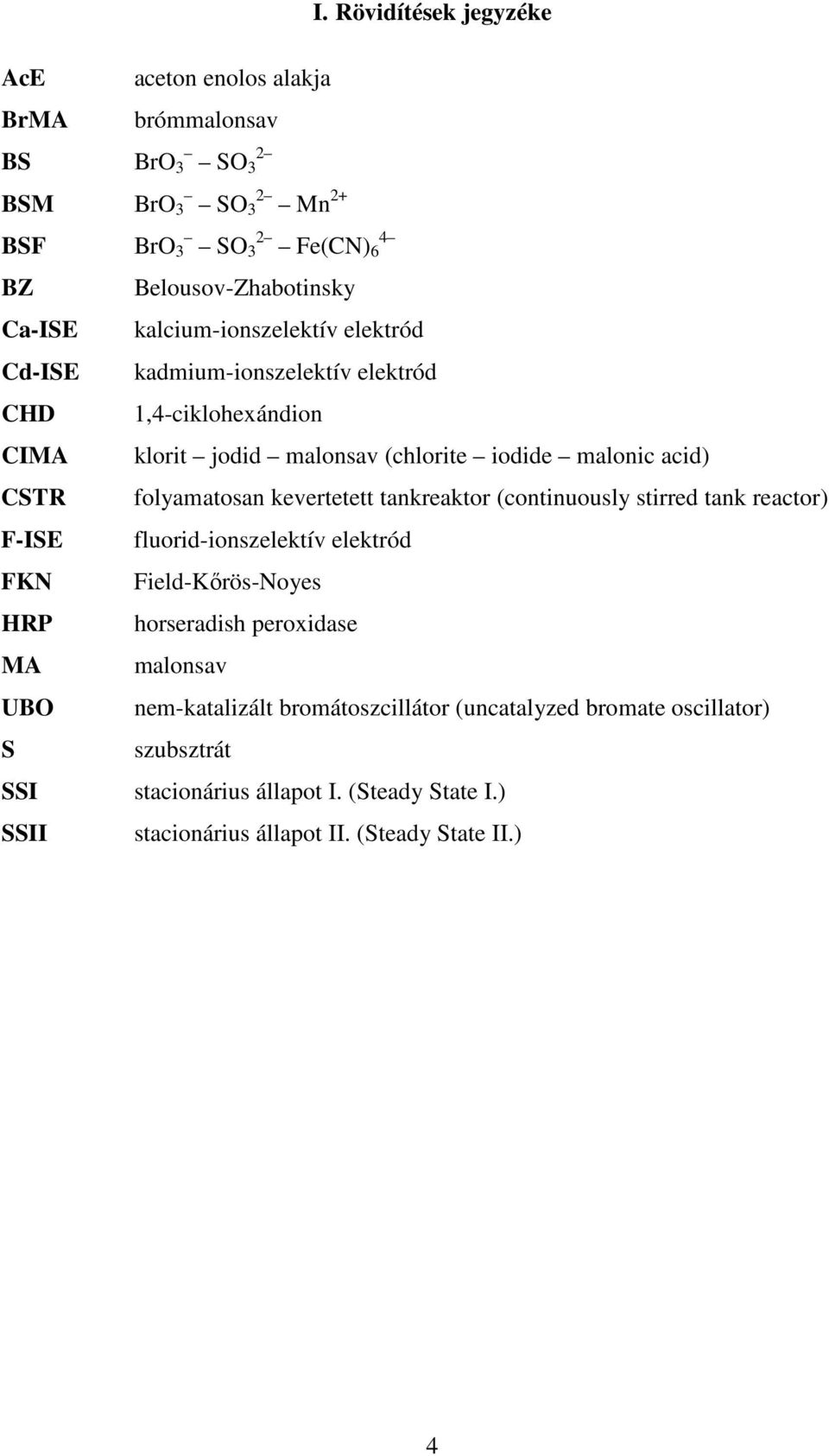 kevertetett tankreaktor (continuously stirred tank reactor) F-ISE fluorid-ionszelektív elektród FKN Field-Kőrös-Noyes HRP horseradish peroxidase MA malonsav UBO