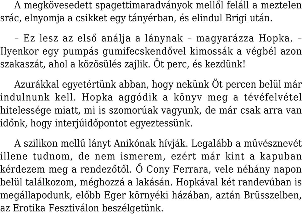 Hopka aggódik a könyv meg a tévéfelvétel hitelessége miatt, mi is szomorúak vagyunk, de már csak arra van időnk, hogy interjúidőpontot egyeztessünk. A szilikon mellű lányt Anikónak hívják.