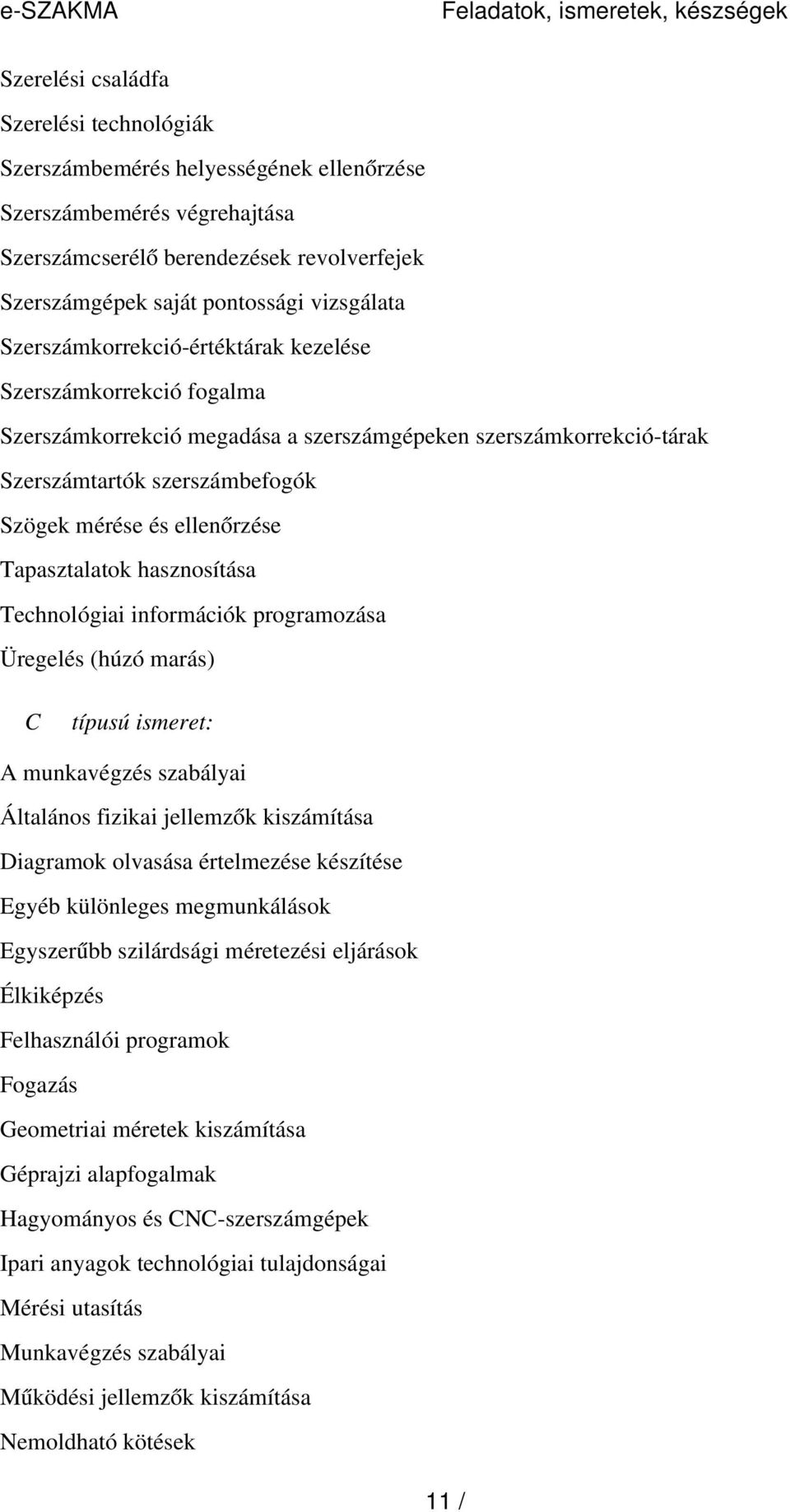 szerszámbefogók Szögek mérése és ellenőrzése Tapasztalatok hasznosítása Technológiai információk programozása Üregelés (húzó marás) C típusú ismeret: A munkavégzés szabályai Általános fizikai