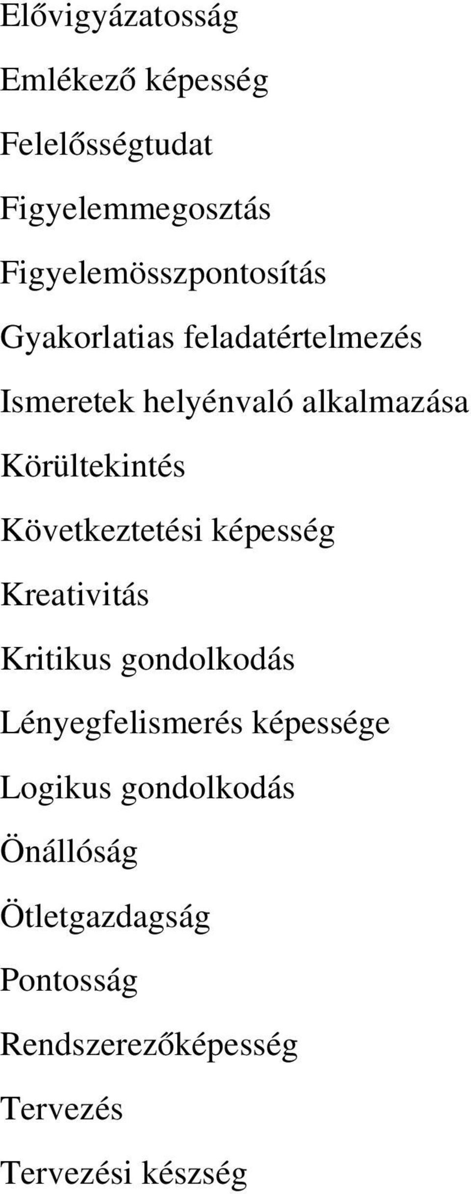 Következtetési képesség Kreativitás Kritikus gondolkodás Lényegfelismerés képessége