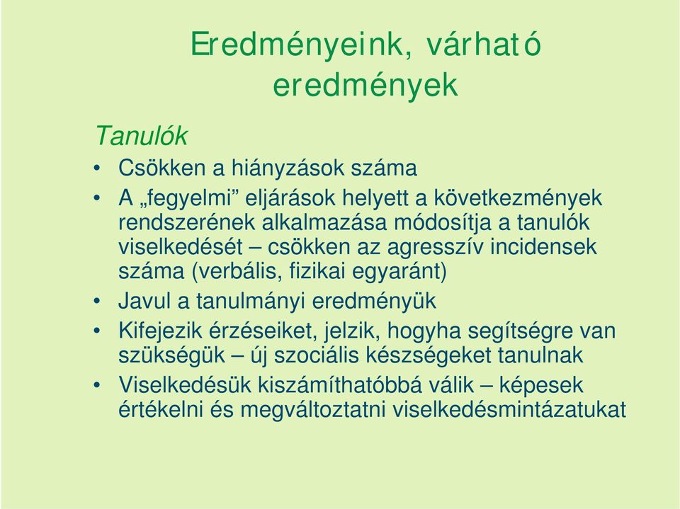 egyaránt) Javul a tanulmányi eredményük Kifejezik érzéseiket, jelzik, hogyha segítségre van szükségük új szociális