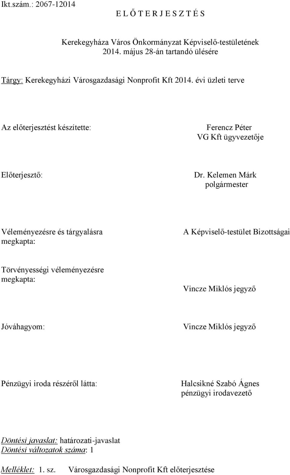 évi üzleti terve Az előterjesztést készítette: Ferencz Péter VG Kft ügyvezetője Előterjesztő: Dr.