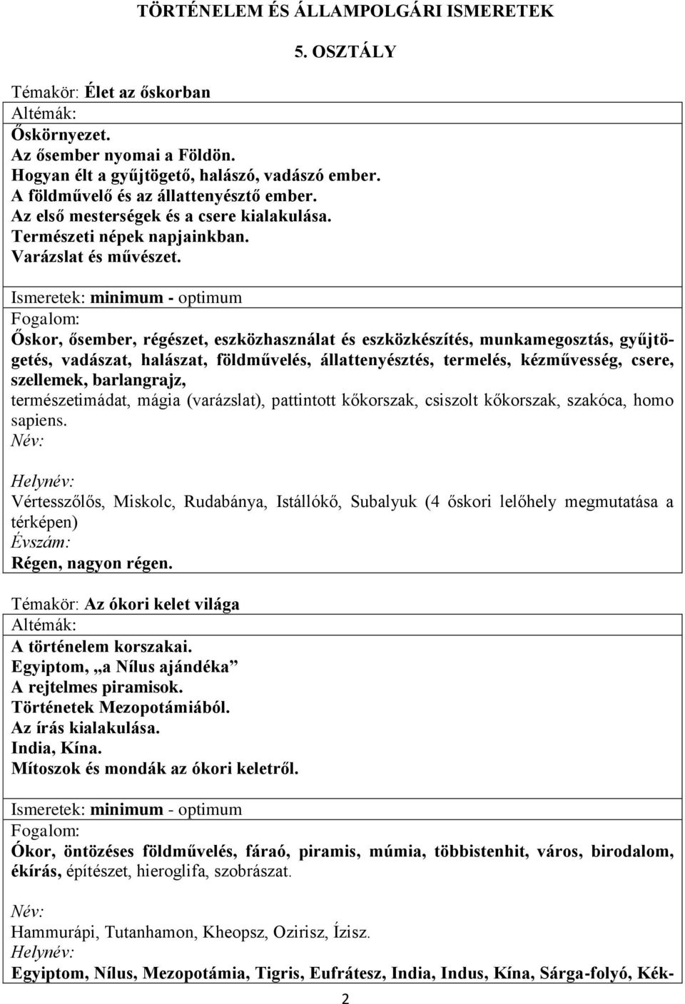 Ismeretek: minimum - optimum Őskor, ősember, régészet, eszközhasználat és eszközkészítés, munkamegosztás, gyűjtögetés, vadászat, halászat, földművelés, állattenyésztés, termelés, kézművesség, csere,