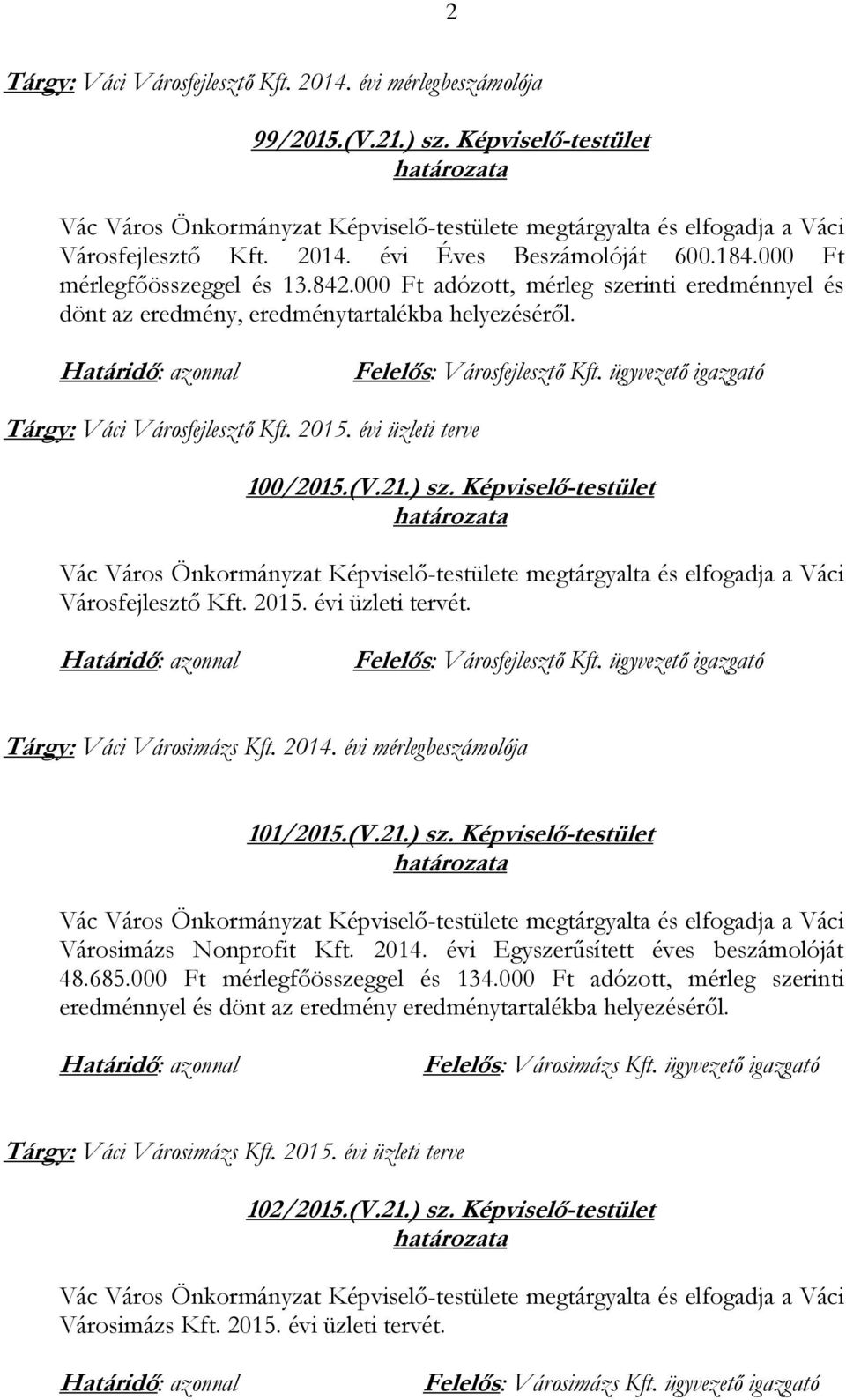 évi üzleti terve 100/2015.(V.21.) sz. Képviselő-testület Városfejlesztő Kft. 2015. évi üzleti tervét. Felelős: Városfejlesztő Kft. ügyvezető igazgató Tárgy: Váci Városimázs Kft. 2014.