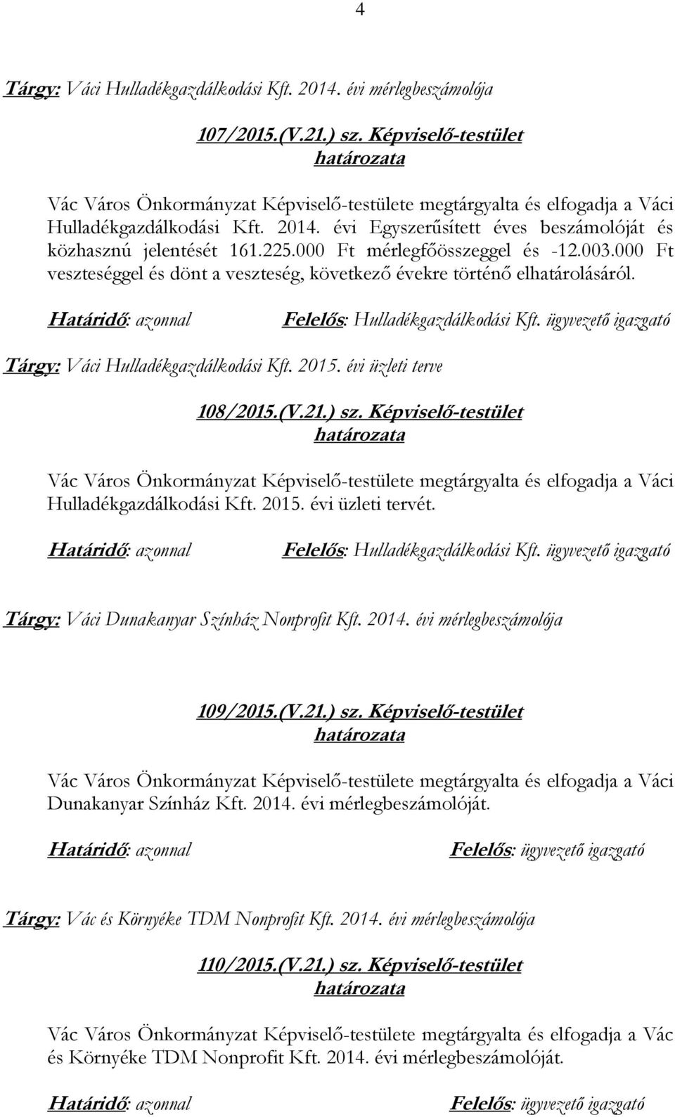 ügyvezető igazgató Tárgy: Váci Hulladékgazdálkodási Kft. 2015. évi üzleti terve 108/2015.(V.21.) sz. Képviselő-testület Hulladékgazdálkodási Kft. 2015. évi üzleti tervét.