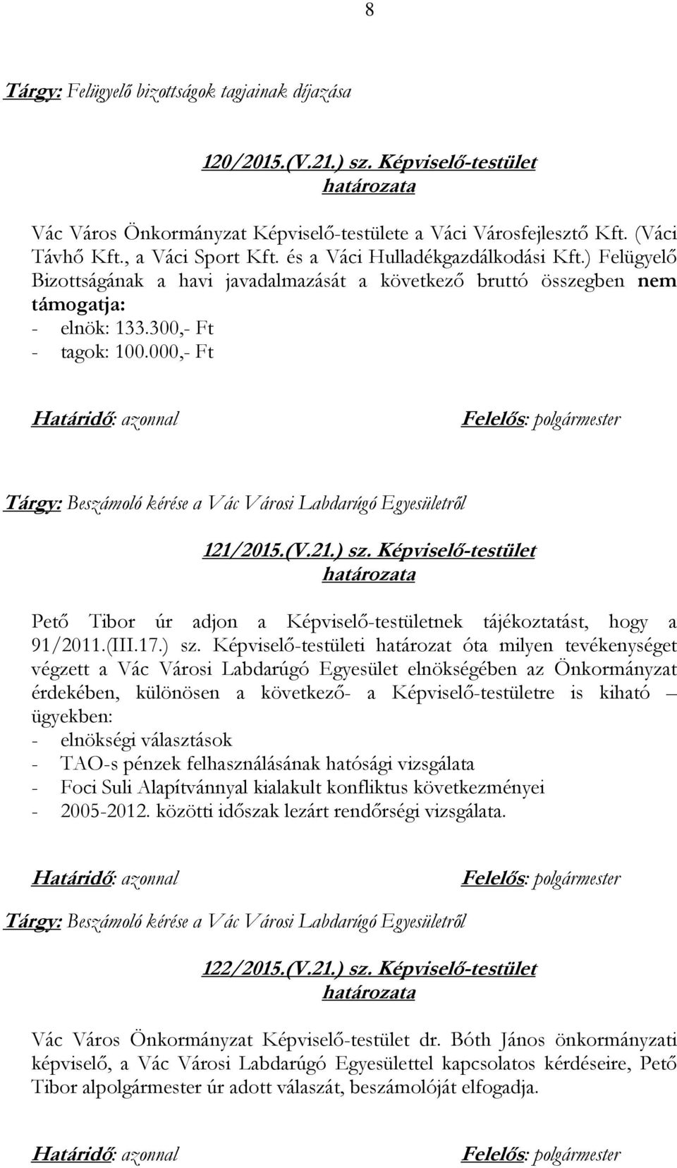 000,- Ft Tárgy: Beszámoló kérése a Vác Városi Labdarúgó Egyesületről 121/2015.(V.21.) sz.