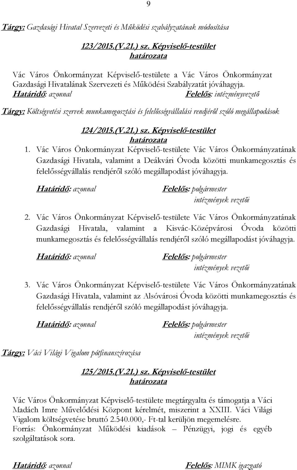 Felelős: intézményvezető Tárgy: Költségvetési szervek munkamegosztási és felelősségvállalási rendjéről szóló megállapodások 124/2015.(V.21.) sz. Képviselő-testület 1.