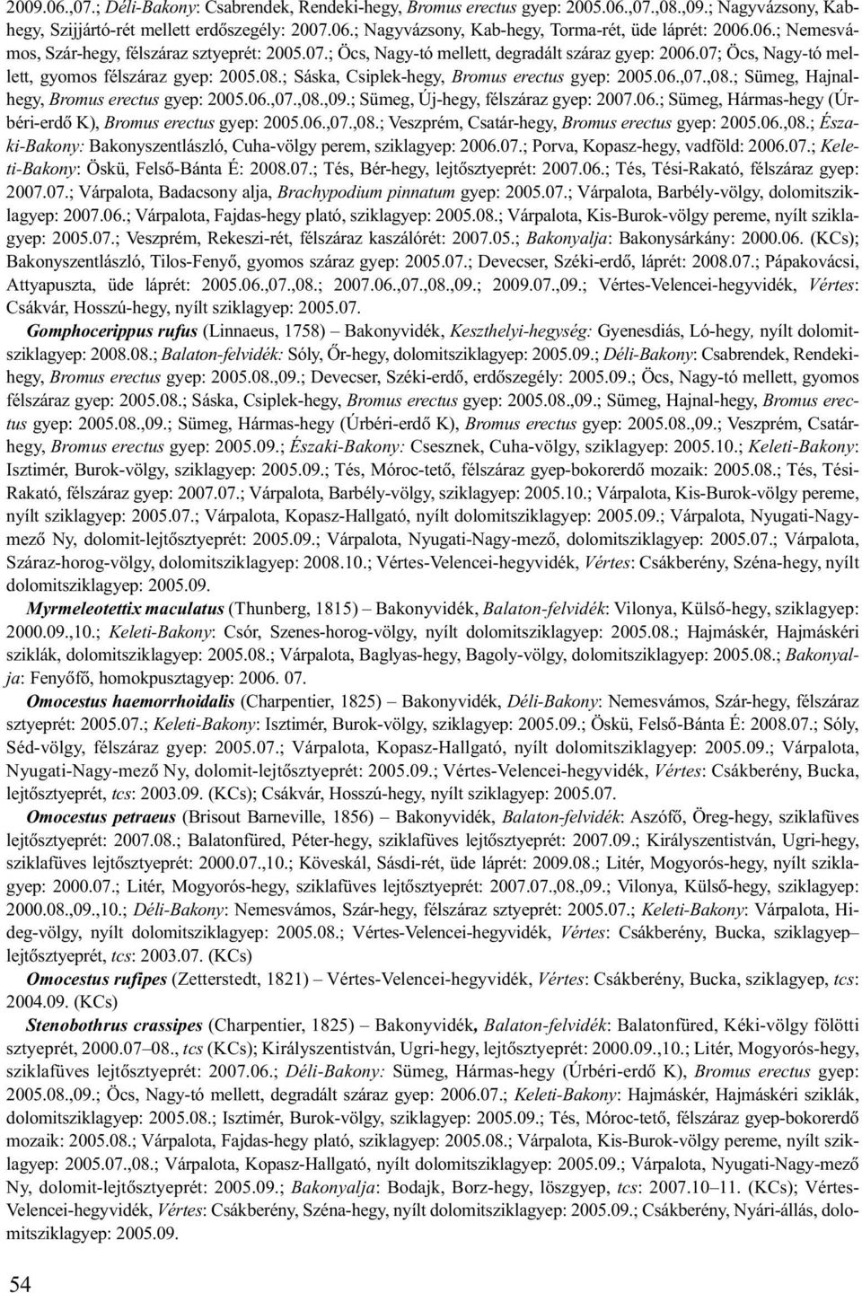 ; Sáska, Csiplek-hegy, Bromus erectus gyep: 2005.06.,07.,08.; Sümeg, Hajnalhegy, Bromus erectus gyep: 2005.06.,07.,08.,09.; Sümeg, Új-hegy, félszáraz gyep: 2007.06.; Sümeg, Hármas-hegy (Úrbéri-erdõ K), Bromus erectus gyep: 2005.