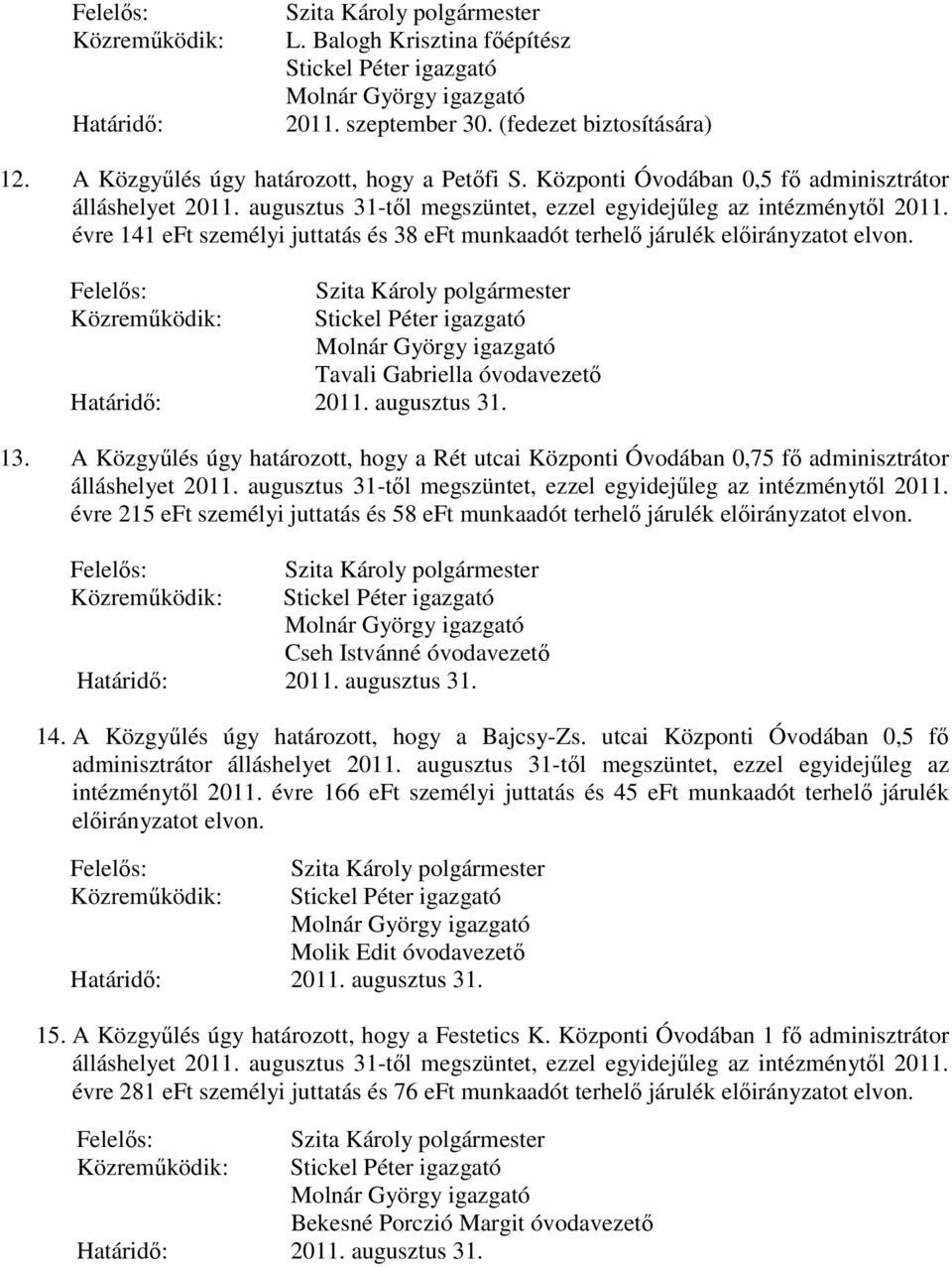 évre 141 eft személyi juttatás és 38 eft munkaadót terhelő járulék előirányzatot elvon. Stickel Péter igazgató Tavali Gabriella óvodavezető Határidő: 2011. augusztus 31. 13.