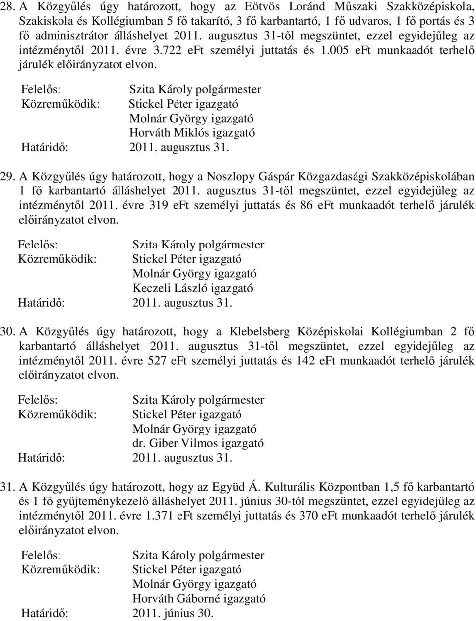 Stickel Péter igazgató Horváth Miklós igazgató Határidő: 2011. augusztus 31. 29. A Közgyűlés úgy határozott, hogy a Noszlopy Gáspár Közgazdasági Szakközépiskolában 1 fő karbantartó álláshelyet 2011.