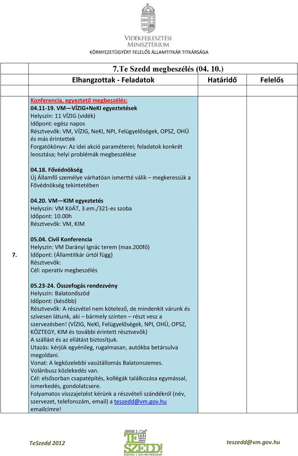 feladatok konkrét leosztása; helyi problémák megbeszélése 04.18. Fővédnökség Új Államfő személye várhatóan ismertté válik megkeressük a Fővédnökség tekintetében 04.20.