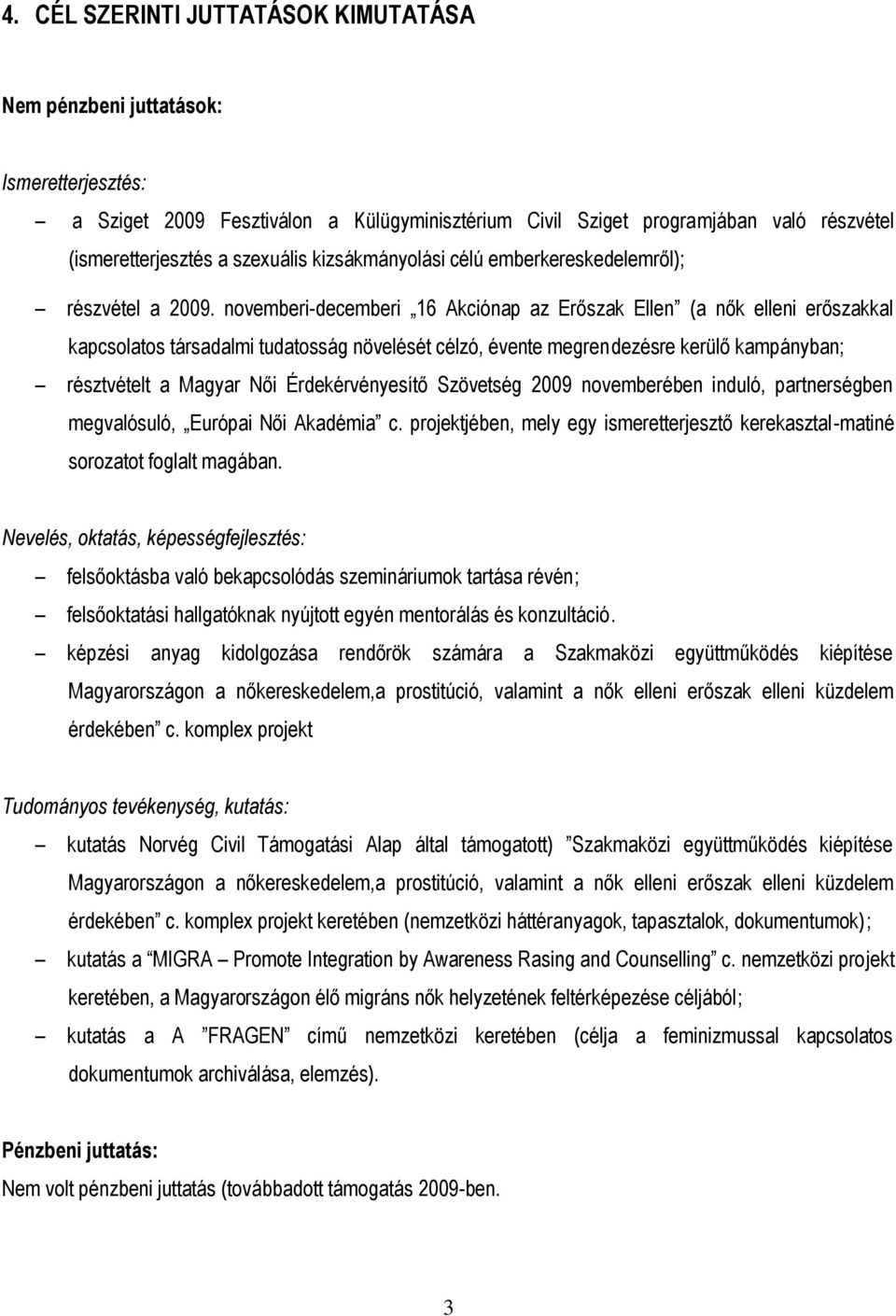 novemberi-decemberi 16 Akciónap az Erőszak Ellen (a nők elleni erőszakkal kapcsolatos társadalmi tudatosság növelését célzó, évente megrendezésre kerülő kampányban; résztvételt a Magyar Női