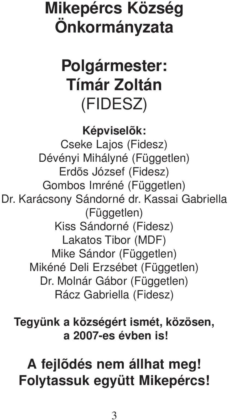 assai Gabriella (Független) iss Sándorné (Fidesz) Lakatos Tibor (MDF) Mike Sándor (Független) Mikéné Deli Erzsébet