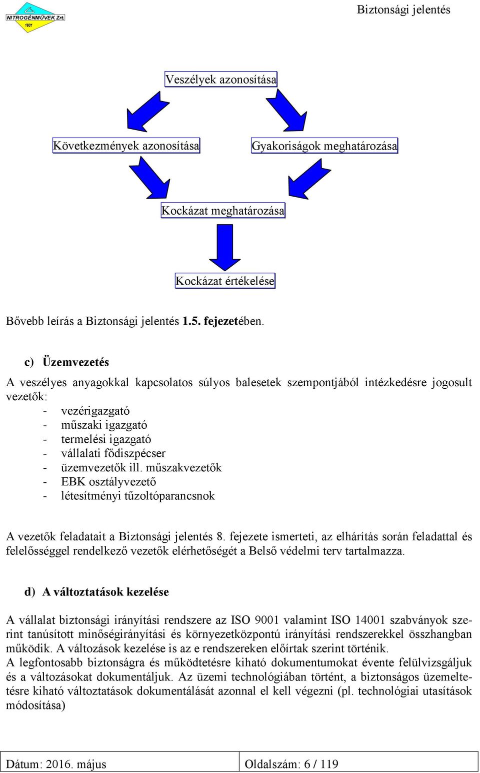 üzemvezetők ill. műszakvezetők - EBK osztályvezető - létesítményi tűzoltóparancsnok A vezetők feladatait a 8.