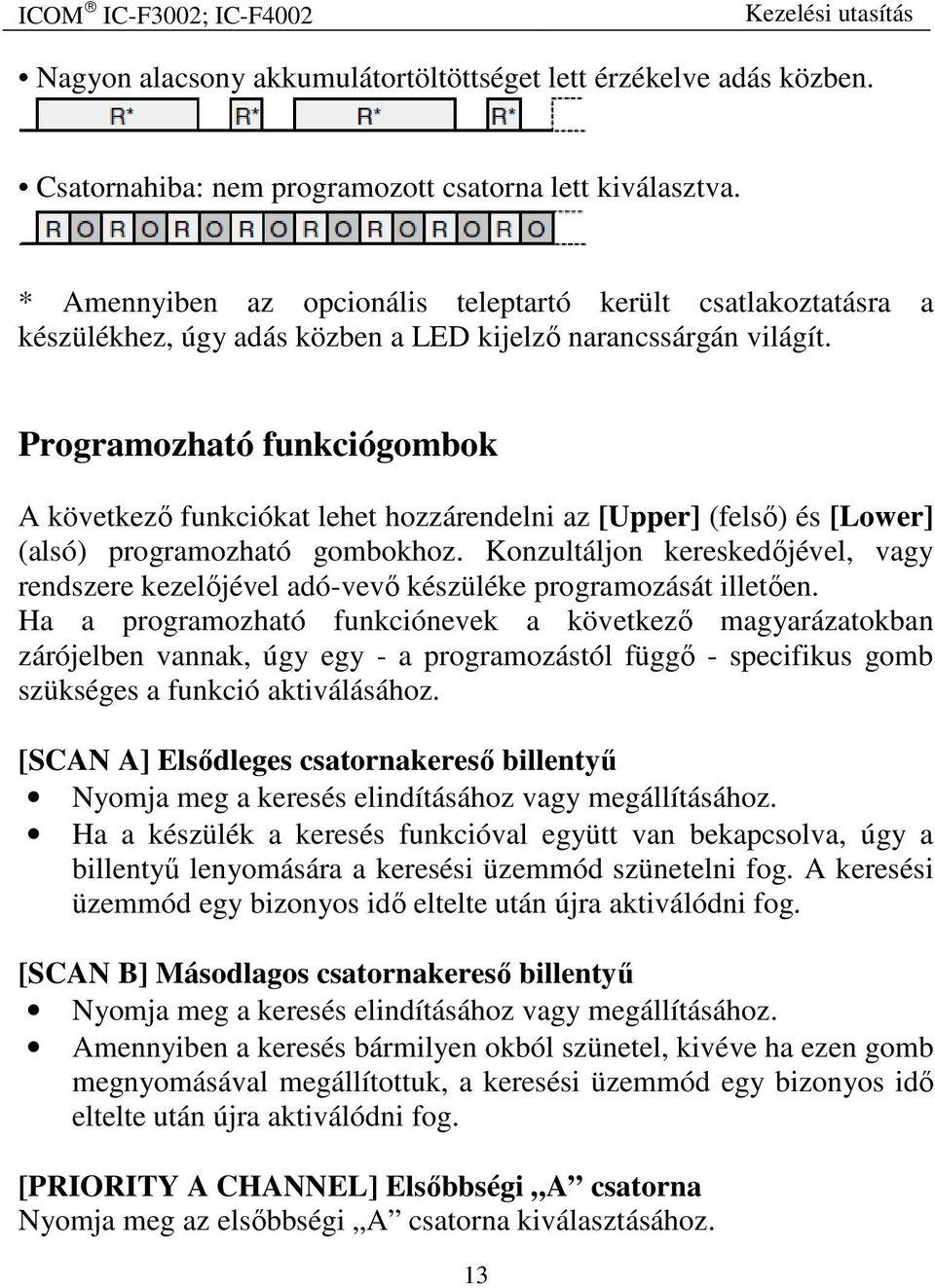 Programozható funkciógombok A következő funkciókat lehet hozzárendelni az [Upper] (felső) és [Lower] (alsó) programozható gombokhoz.