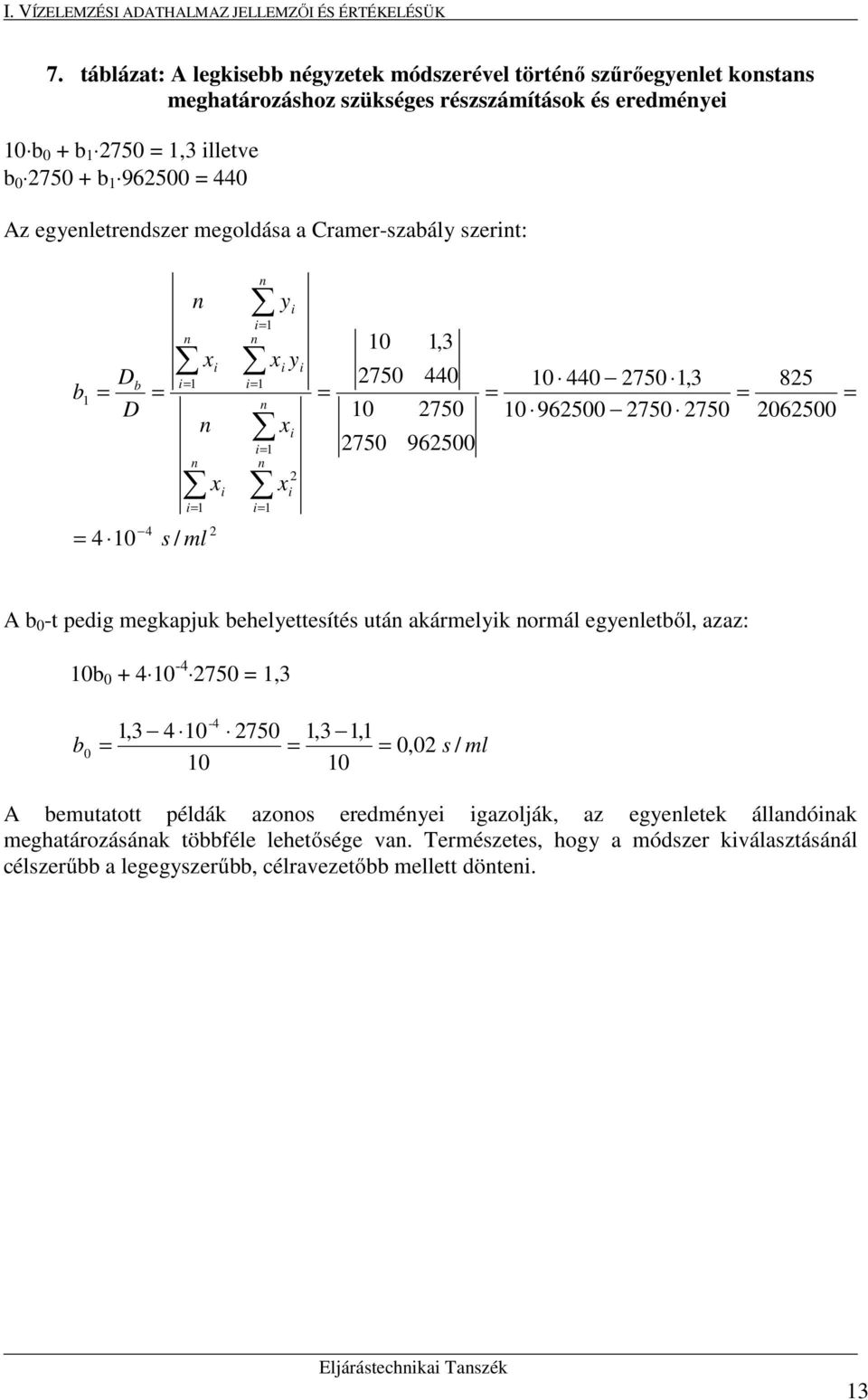 egyenletrendszer megoldása a Cramer-szabály szernt: b Db D n n n n x x n n n n x y x x y 0, 70 440 0 70 70 9600 0 440 70, 0 9600 70 70 8 0600 4 0 4 s / ml A b 0 -t pedg megkapjuk