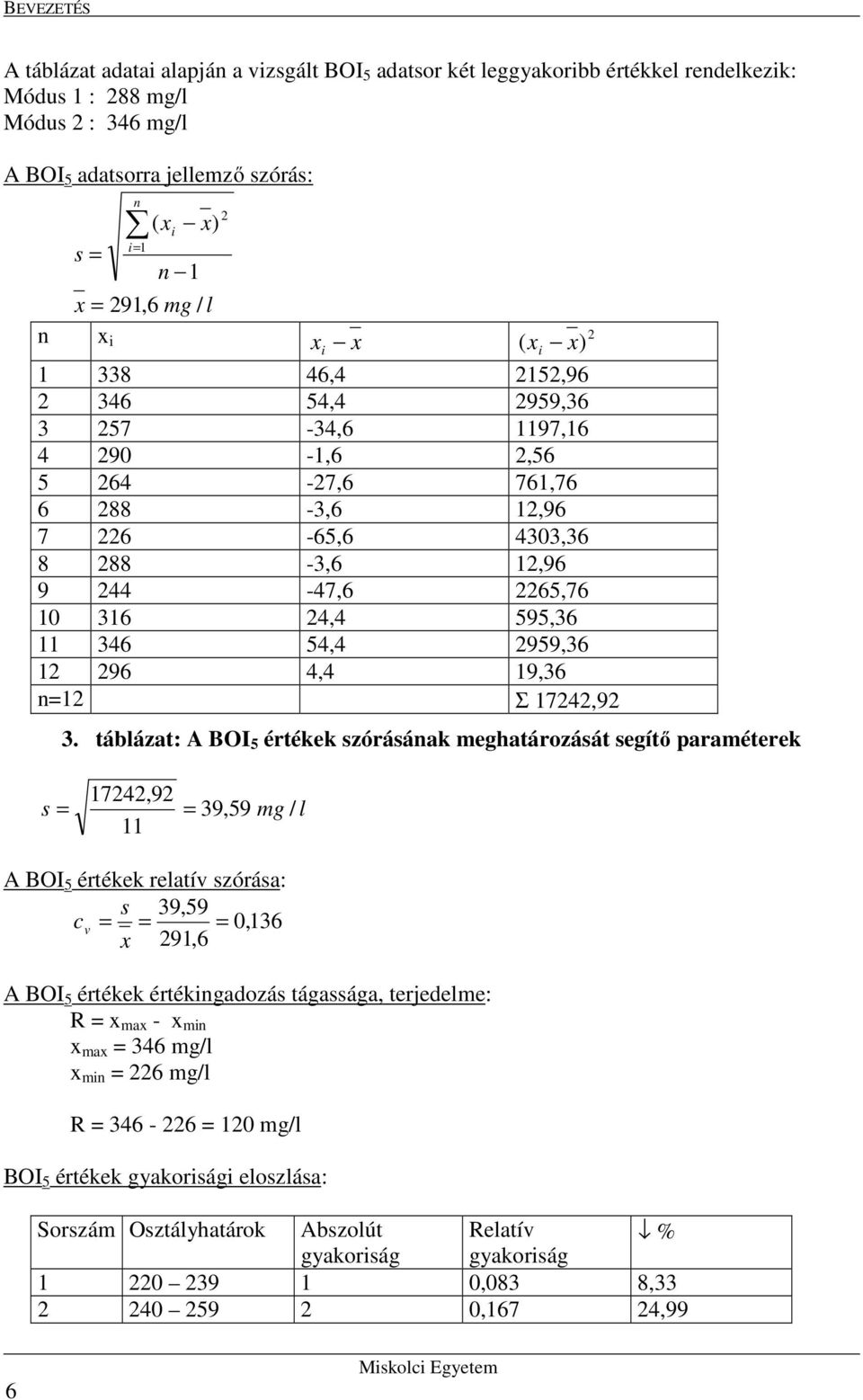 táblázat: A BOI értékek szórásának meghatározását segítő paraméterek 74,9 s 9,9 mg / l A BOI értékek relatív szórása: s 9,9 c v 0,6 x 9,6 A BOI értékek értékngadozás tágassága,