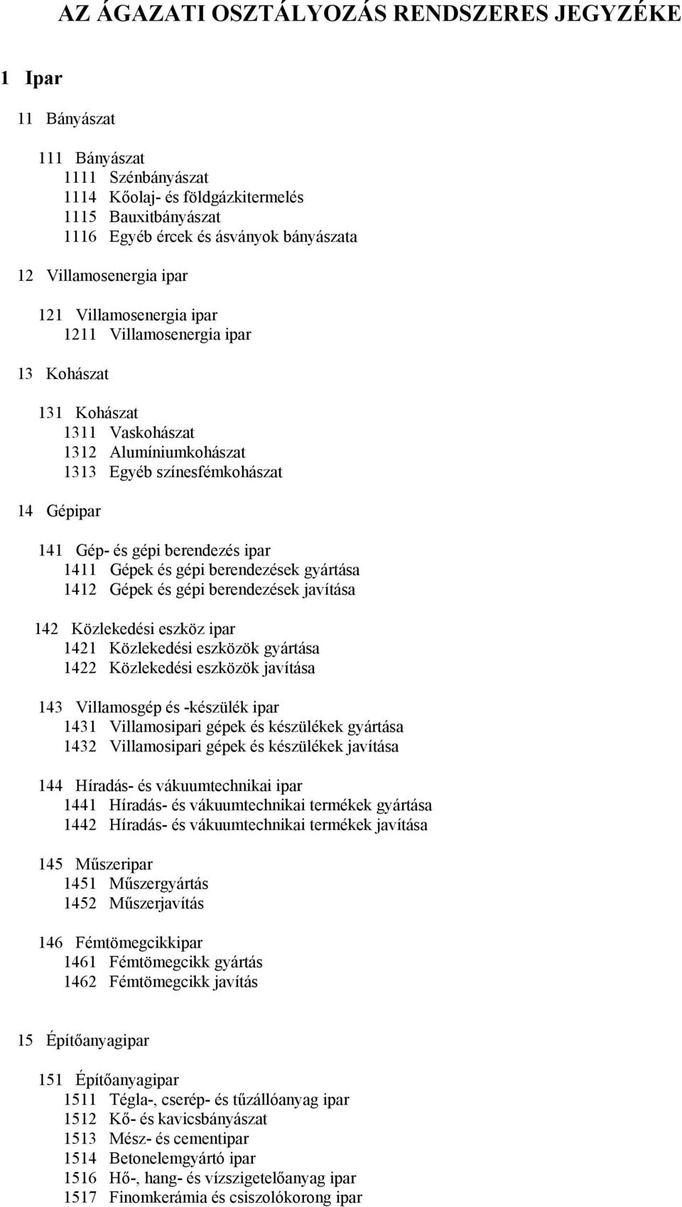 berendezés ipar 1411 Gépek és gépi berendezések gyártása 1412 Gépek és gépi berendezések javítása 142 Közlekedési eszköz ipar 1421 Közlekedési eszközök gyártása 1422 Közlekedési eszközök javítása 143