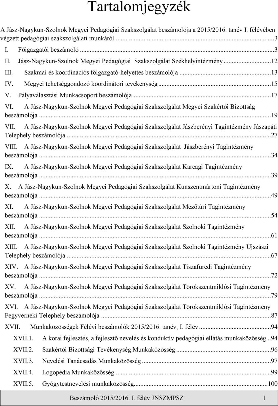 .. 15 V. Pályaválasztási Munkacsoport beszámolója... 17 VI. A Jász-Nagykun-Szolnok Megyei Pedagógiai Szakszolgálat Megyei Szakértői Bizottság beszámolója... 19 VII.