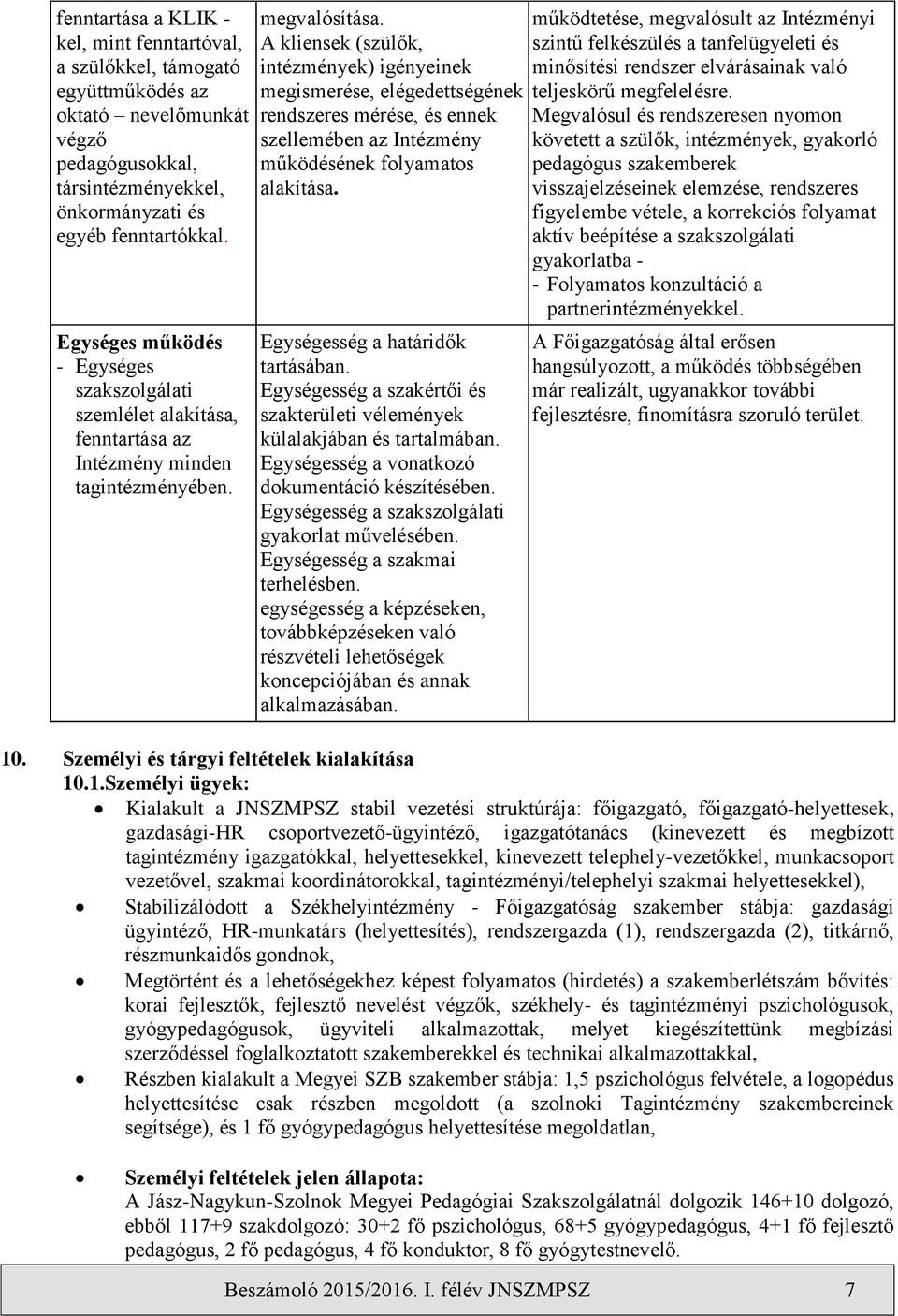 A kliensek (szülők, intézmények) igényeinek megismerése, elégedettségének rendszeres mérése, és ennek szellemében az Intézmény működésének folyamatos alakítása. Egységesség a határidők tartásában.