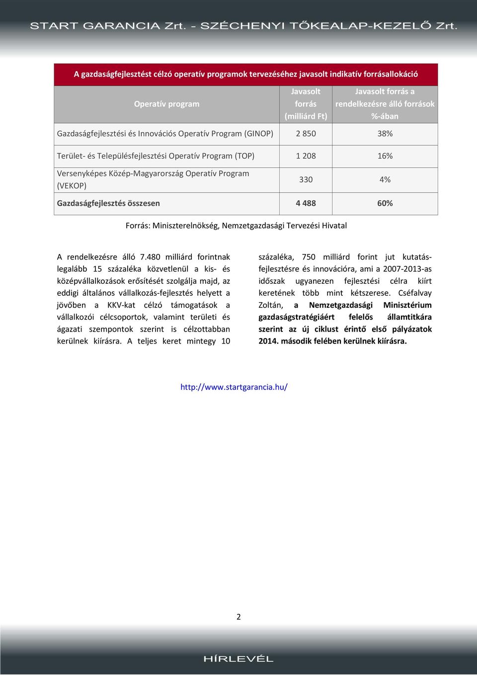 Gazdaságfejlesztés összesen 4 488 60% Forrás: Miniszterelnökség, Nemzetgazdasági Tervezési Hivatal A rendelkezésre álló 7.