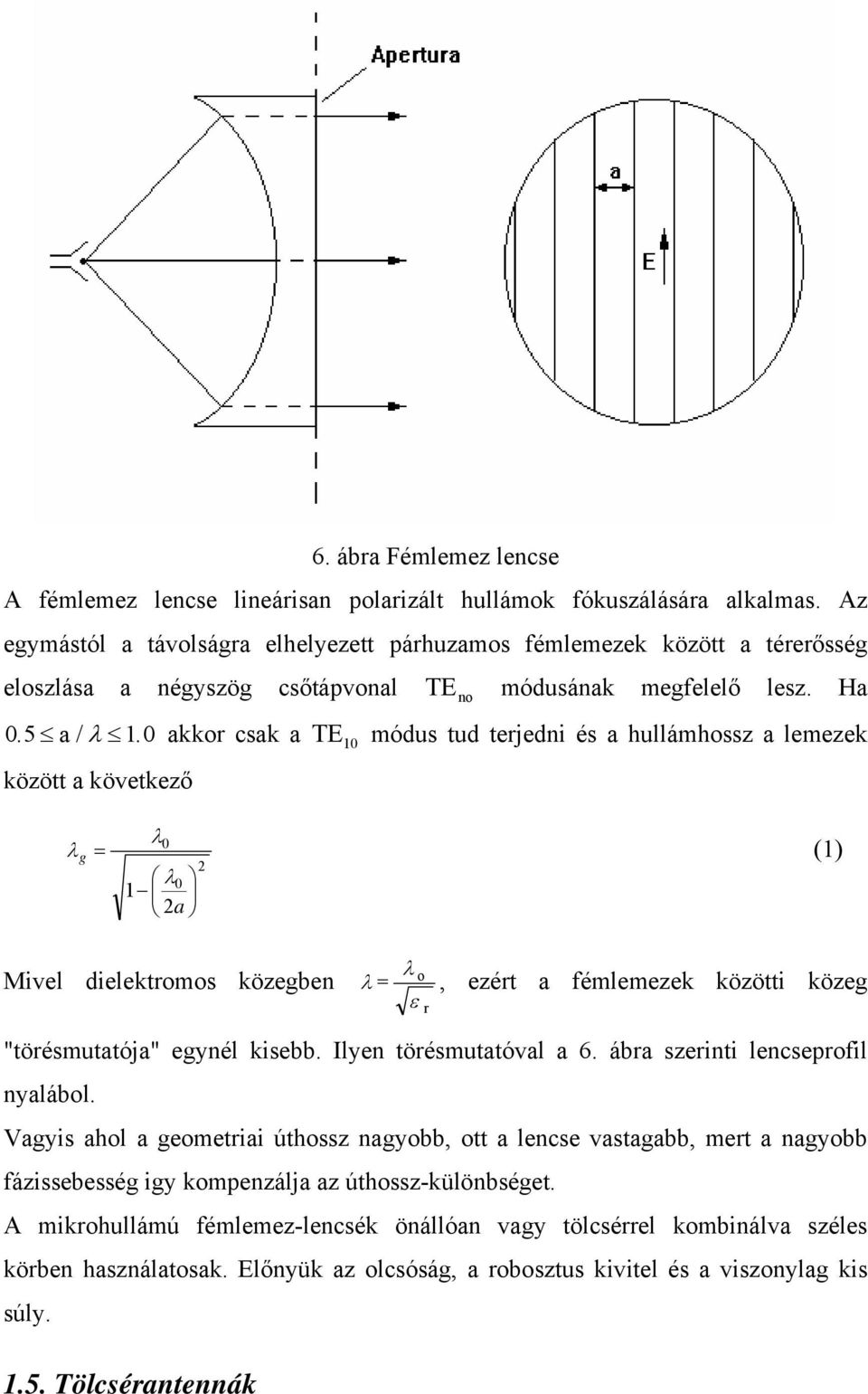 0 akkor csak a TE módus tud terjedni és a hullámhossz a lemezek között a következő 0 λ0 1 a 10 λ λ = (1) g Mivel dielektromos közegben λ o λ = ε r, ezért a fémlemezek közötti közeg "törésmutatója"