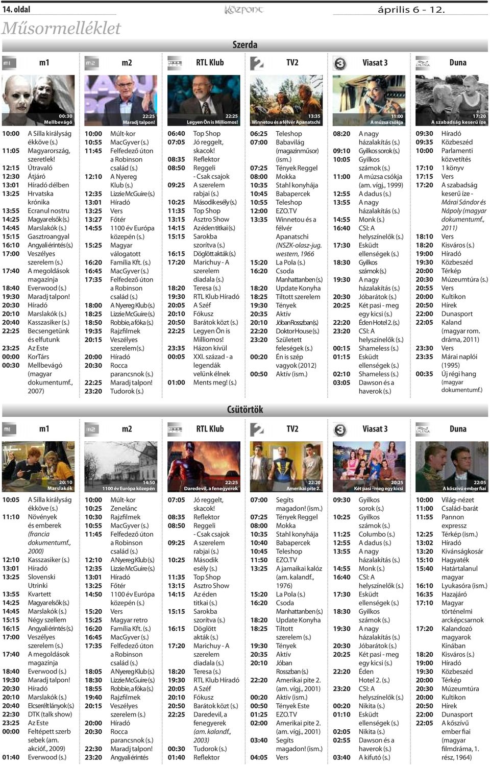 12:15 Útravaló 12:30 Átjáró 13:01 Híradó délben 13:25 Hrvatska krónika 13:55 Ecranul nostru 14:25 Magyar elsők (s.) 14:45 Marslakók (s.) 15:15 Gasztroangyal 16:10 Angyali érintés (s.