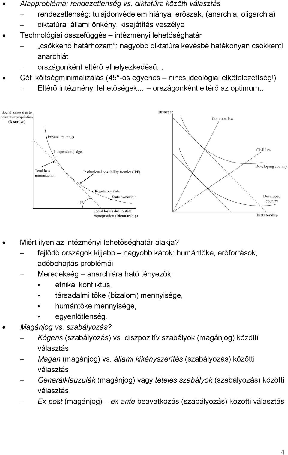 csökkenő határhozam : nagyobb diktatúra kevésbé hatékonyan csökkenti anarchiát országonként eltérő elhelyezkedésű Cél: költségminimalizálás (45 -os egyenes nincs ideológiai elkötelezettség!