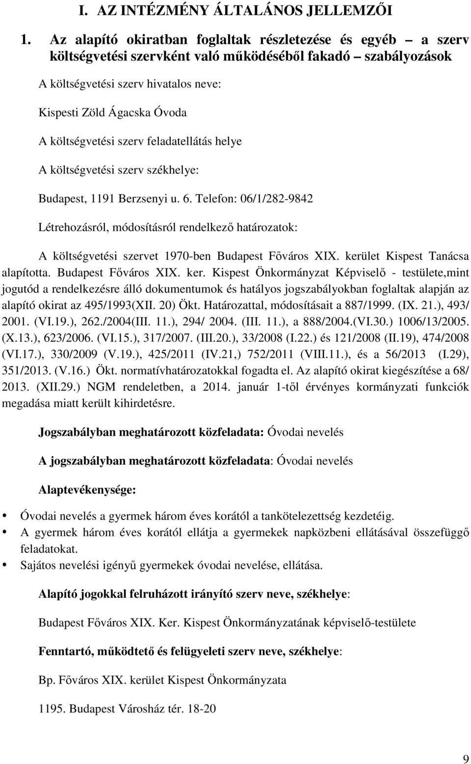 költségvetési szerv feladatellátás helye A költségvetési szerv székhelye: Budapest, 1191 Berzsenyi u. 6.